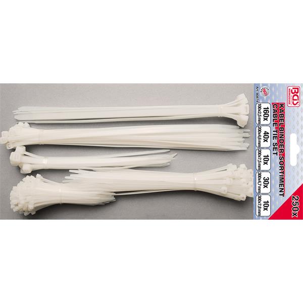 BGS 80874 Cable Tie Set, white, Various Sizes, 250 pcs.