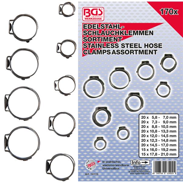 BGS 14115 Edelstahl-Schlauchklemmen-Sortiment, Ø 5 ,8 - 21 mm, 170-tlg.