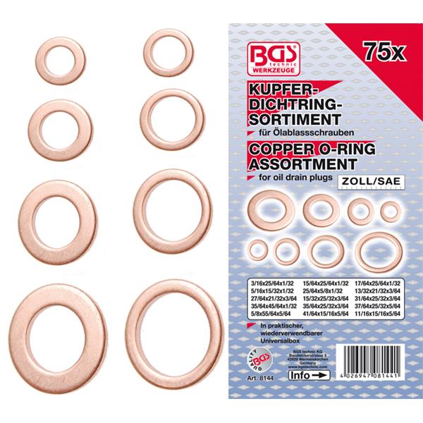 BGS 8144 Dichtring-Sortiment, Kupfer, Zollgrößen, für Öl-Ablassschrauben, 75-tlg.