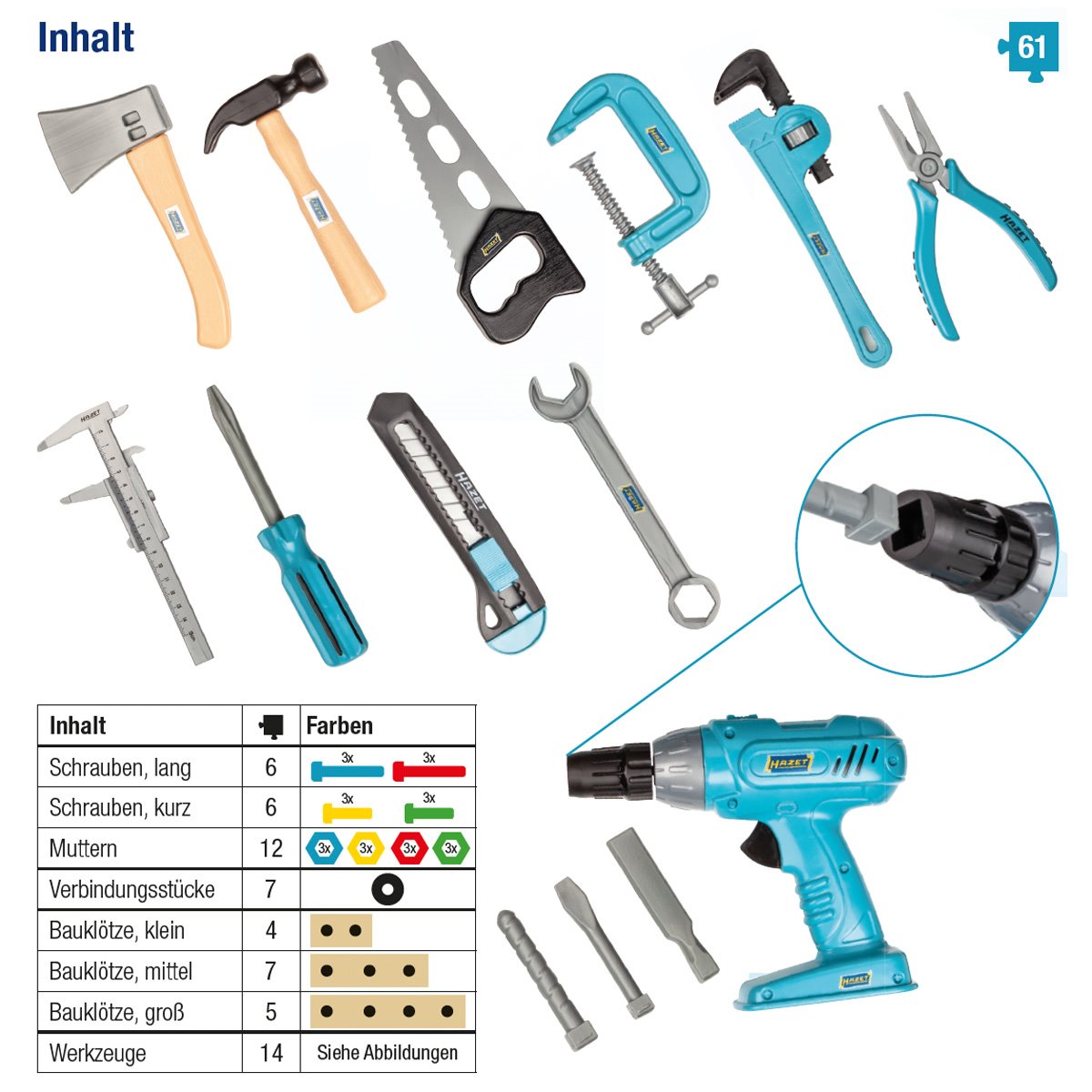 Hazet Spielzeug-Satz Junior-Tool 61-teilig Spielzeug-Werkzeuge, Bauklötze, Schrauben, Muttern