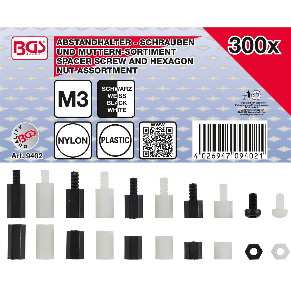 BGS 9402 Spacer Screw and Hexagon Nut Assortment, Nylon, 300 pcs.