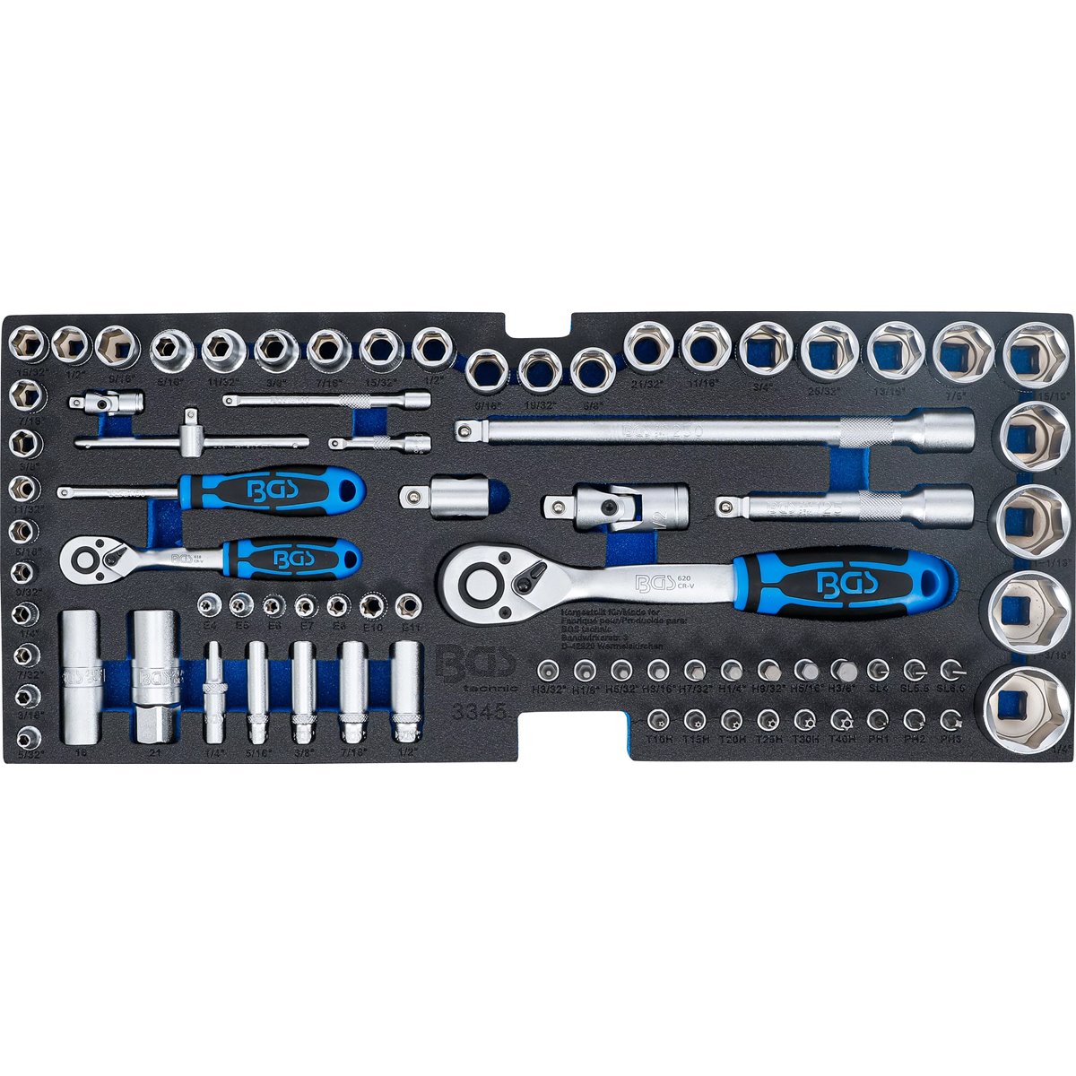 BGS 3345 Foam Tray for BGS 3312: Socket Set, 6.3 m m (1/4") / 12.5 mm (1/2"), Inch Sizes, 78 pcs.