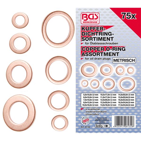 BGS 8132 Seal Ring Assortment, Copper, Metric, for Oil Drain Plugs, 75 pcs.