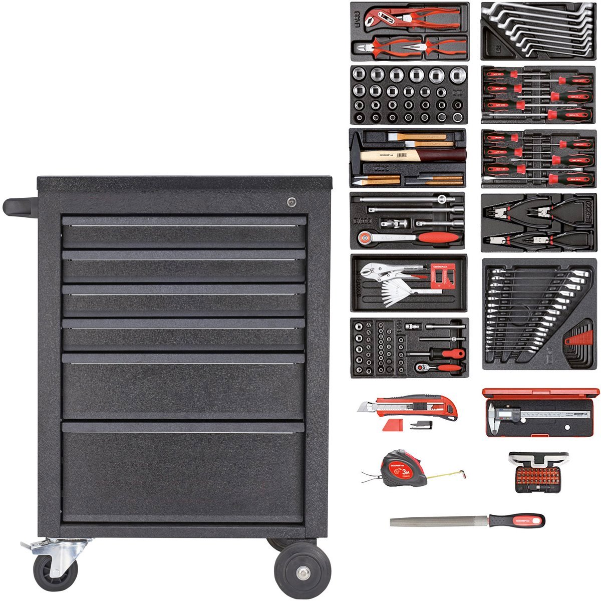 Gedore red R21562002 Werkzeugwagen MECHANIC, Set mit 6 Schubladen, inkl. Werkzeugsortiment