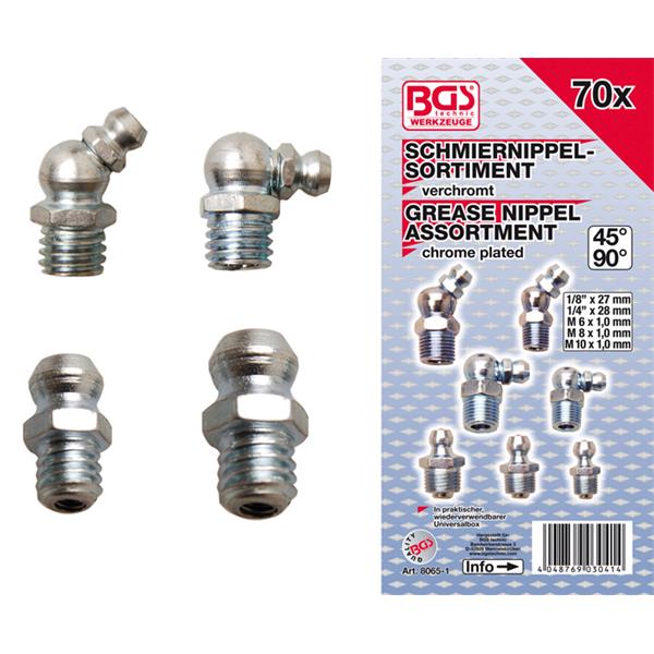 BGS 8065-1 Grease Nipple Assortment, Metric / Inch Sizes, 70 pcs.