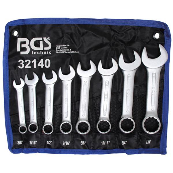 BGS 32140 Combination Spanner Set, extra short, In ch Sizes, 3/8" - 7/8", 8 pcs.