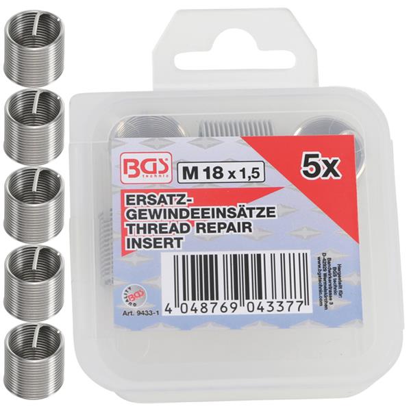 BGS 9433-1 Replacement Thread Inserts, M18 x 1.5 m m, 5 pcs.