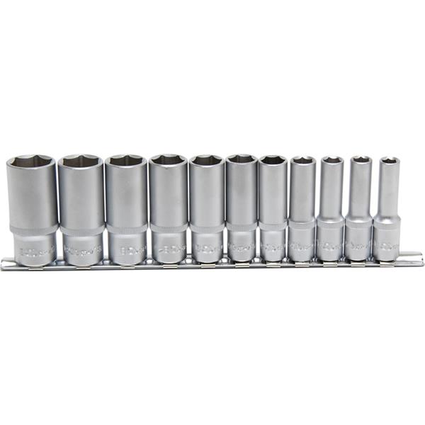 BGS 2756 Socket Set, Hexagon, deep, 10 mm (3/8") D rive, Inch Sizes, 11 pcs.