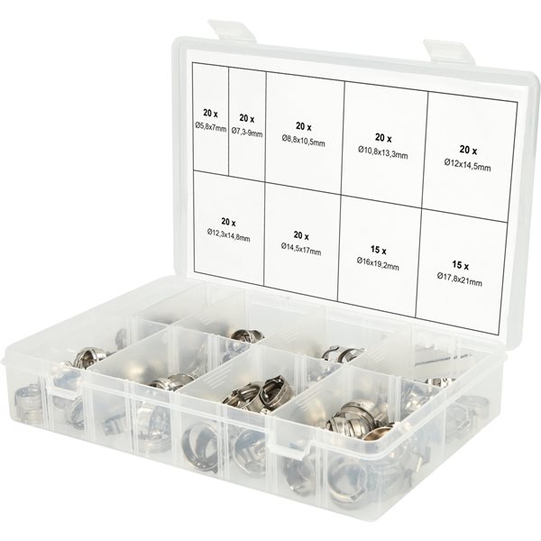 KS-Tools 970.0830 Assortment single ear hose clamps, 5.8-21mm, 170 pcs.